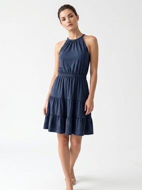Navy Halter Tiered Elastic Waist Keyhole Back Side Pockets Mini Dress L